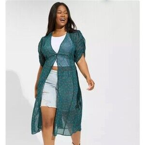 Torrid Chiffon Ruched Sleeve Kimono Green Plus Size 1
